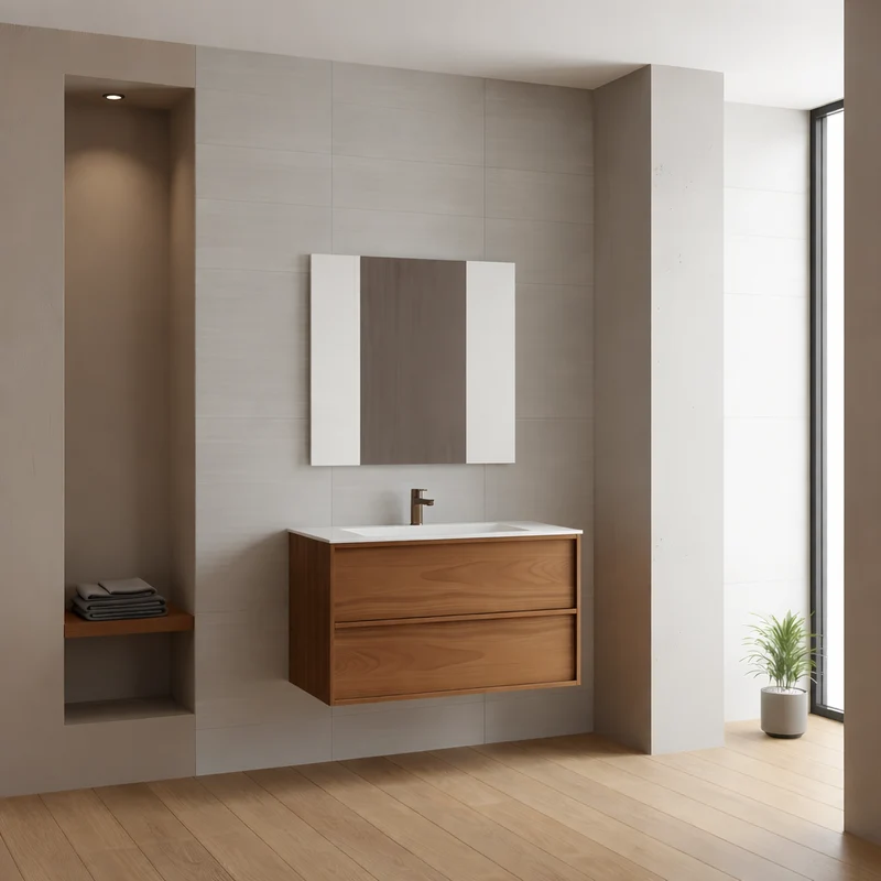 SanoBlu Riva wastafelmeubel 80 cm echt eikenfineer koper met corian wastafel