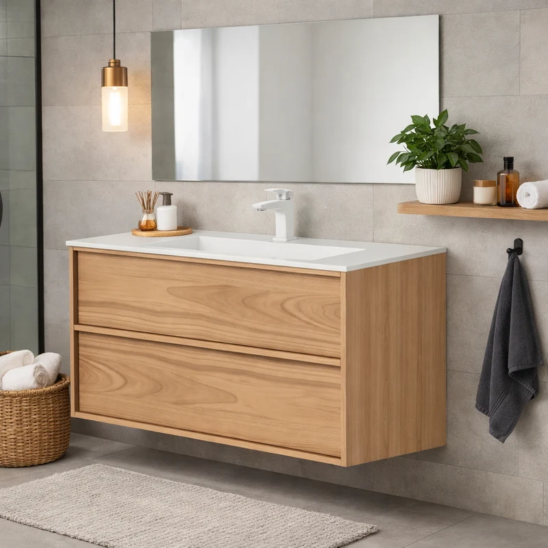 SanoBlu Riva wastafelmeubel 80 cm echt eikenfineer naturel met corian wastafel