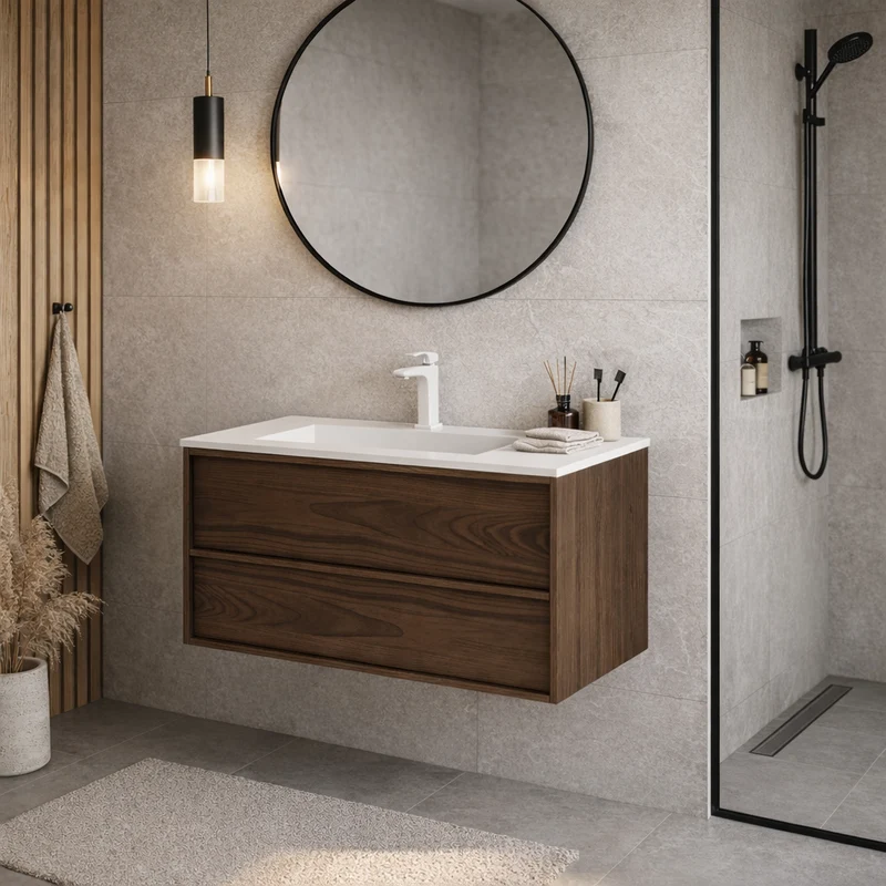 SanoBlu Riva wastafelmeubel 80 cm echt eikenfineer bruin met corian wastafel