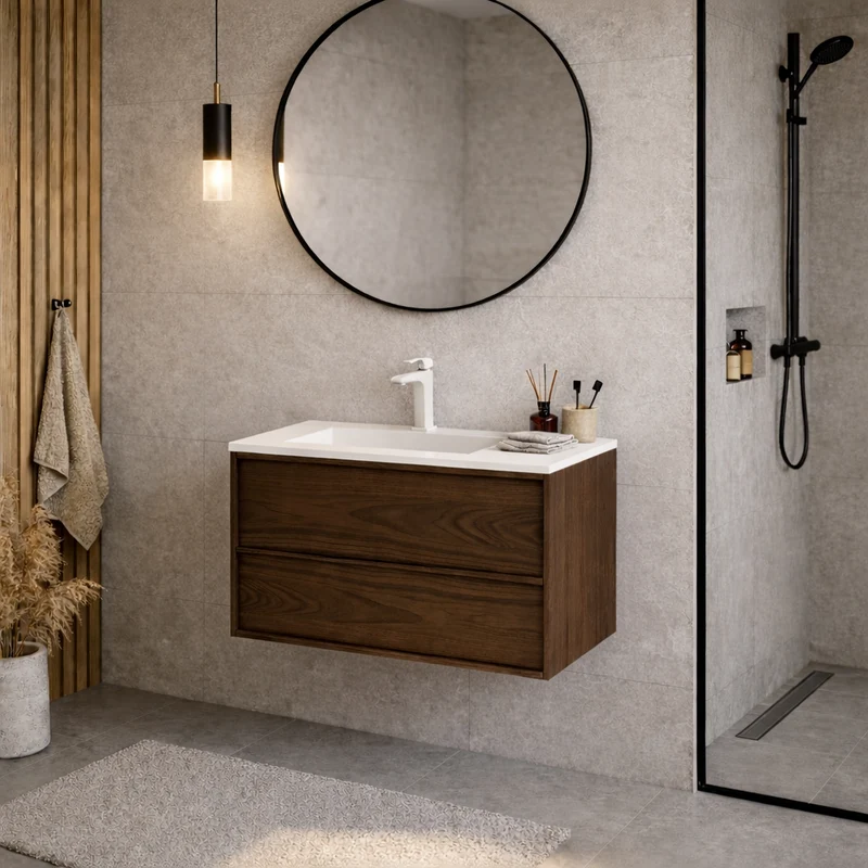 SanoBlu Riva wastafelmeubel 60 cm echt eikenfineer bruin met corian wastafel