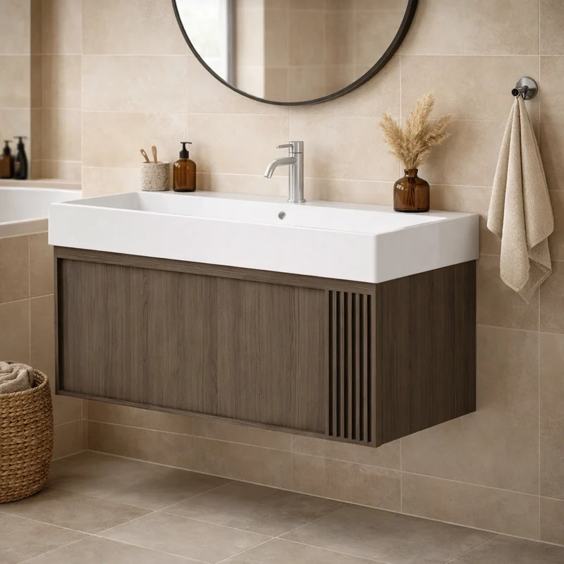 SanoBlu Fina wastafelmeubel 100 cm echt eikenhout en eikenfineer smoky met gefreesde front en keramische wastafel