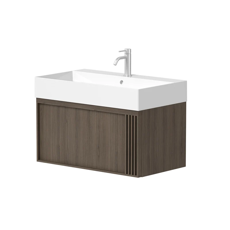 SanoBlu Fina wastafelmeubel 80 cm echt eikenhout en eikenfineer smoky met gefreesde front en keramische wastafel