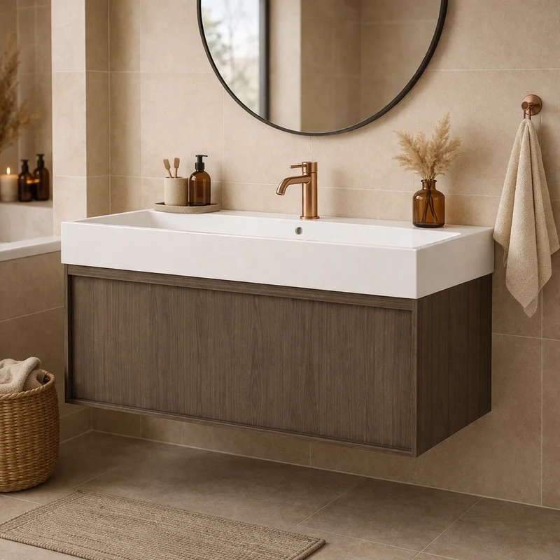 SanoBlu Fina wastafelmeubel 120 cm echt eikenhout en eikenfineer smoky met keramische wastafel