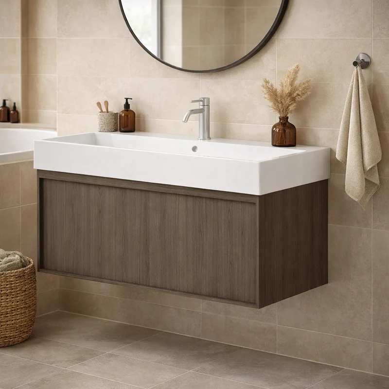 SanoBlu Fina wastafelmeubel 100 cm echt eikenhout en eikenfineer smoky met keramische wastafel