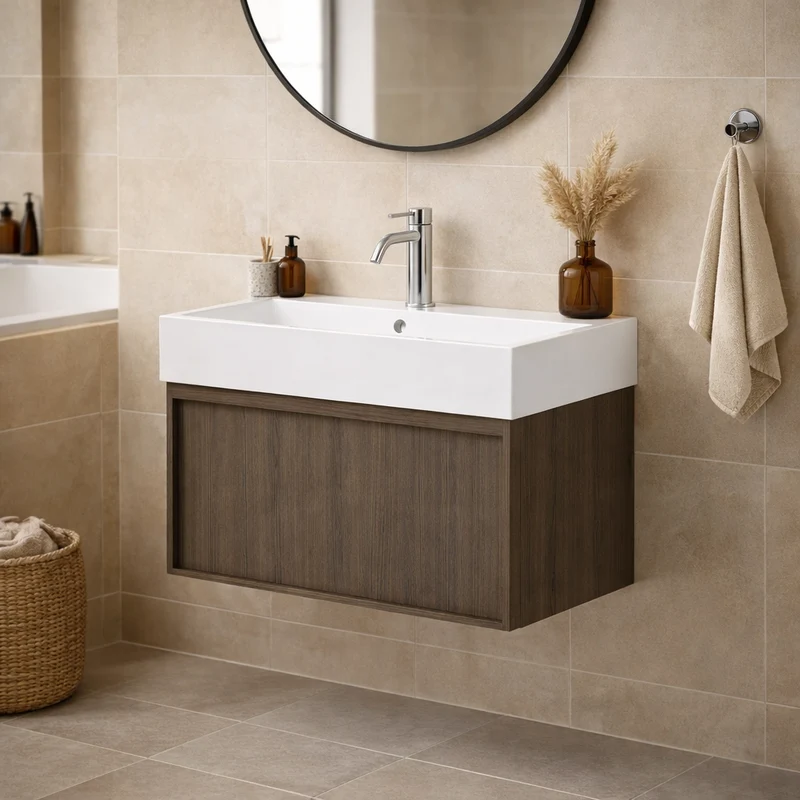 SanoBlu Fina wastafelmeubel 80 cm echt eikenhout en eikenfineer smoky met keramische wastafel
