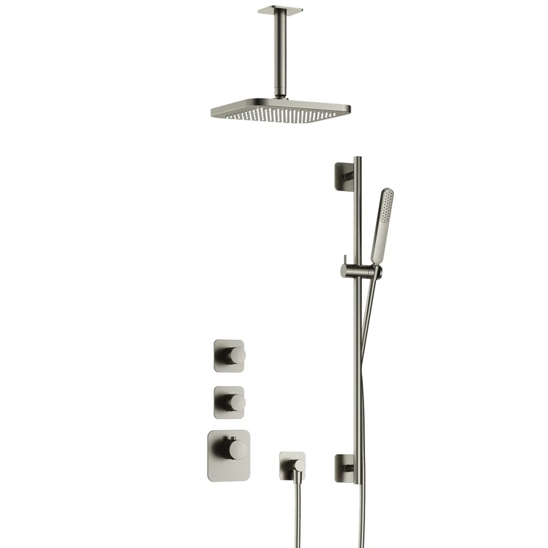 Hotbath Gal IBS40 inbouw doucheset High Flow met 2 stopkranen met plafondbuis en glijstang - Geborsteld Nikkel