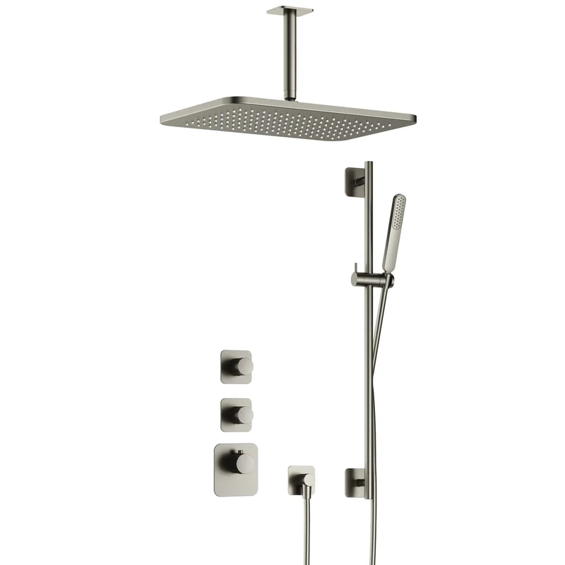 Hotbath Gal IBS40 inbouw doucheset High Flow met 2 stopkranen met plafondbuis, gl106 en glijstang - Geborsteld Nikkel