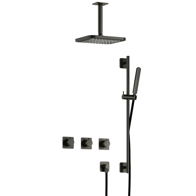 Hotbath Gal IBSGL70 inbouw doucheset met 2 stopkranen met plafondbuis en glijstang - Geborsteld Gunmetal PVD