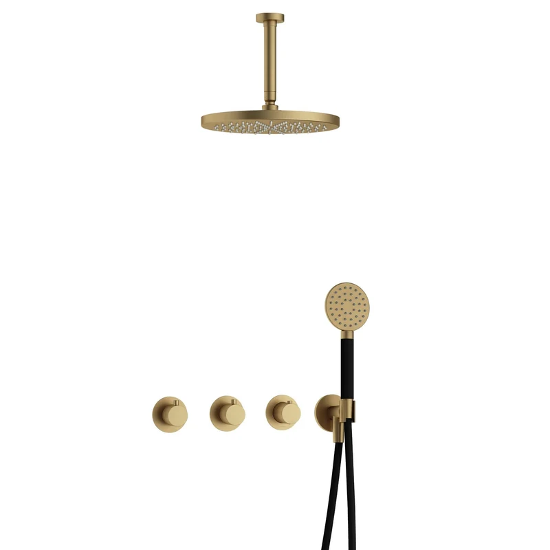 Hotbath Cobber IBS70 inbouw doucheset - ronde handdouche - 30cm hoofddouche - 15cm plafondbuis - wandhouder - Geborsteld Messing