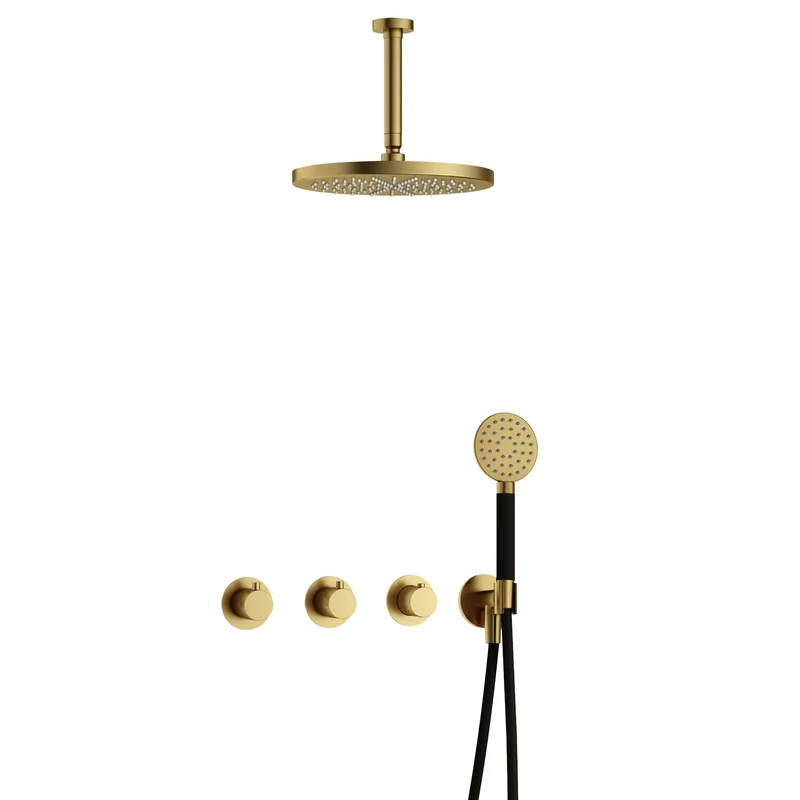 Hotbath Cobber IBS70 inbouw doucheset - ronde handdouche - 30cm hoofddouche - 15cm plafondbuis - wandhouder - Geborsteld Messing PVD