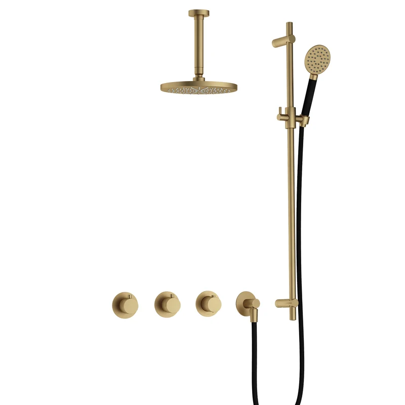 Hotbath Cobber IBS70 inbouw doucheset - ronde handdouche - 25cm hoofddouche - 15cm plafondbuis - glijstang - Geborsteld Messing