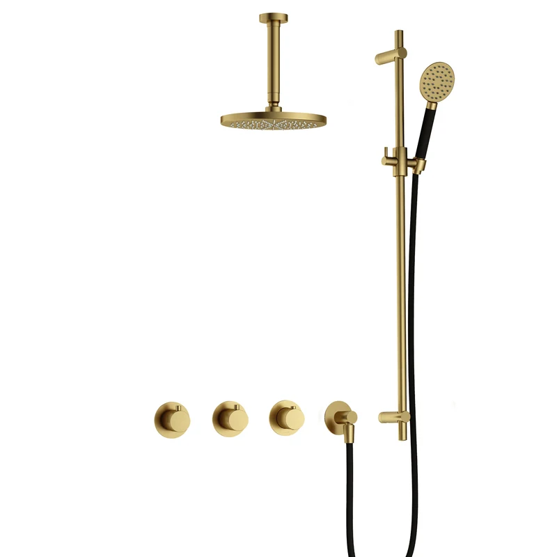 Hotbath Cobber IBS70 inbouw doucheset - ronde handdouche - 25cm hoofddouche - 15cm plafondbuis - glijstang - Geborsteld Messing PVD