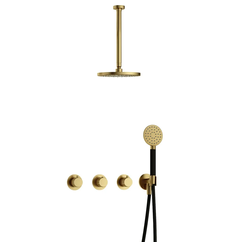 Hotbath Cobber X IBSX70 inbouw doucheset - ronde handdouche - 20cm hoofddouche - 30cm plafondbuis - wandhouder - Geborsteld Messing PVD
