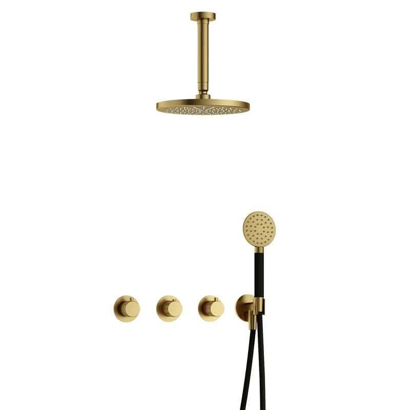 Hotbath Cobber X IBSX70 inbouw doucheset - ronde handdouche - 20cm hoofddouche - 15cm plafondbuis - wandhouder - Geborsteld Messing PVD