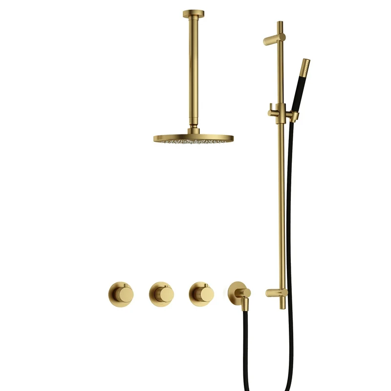 Hotbath Cobber X IBSX70 inbouw doucheset - staafhanddouche - 20cm hoofddouche - 30cm plafondbuis - glijstang - Geborsteld Messing PVD