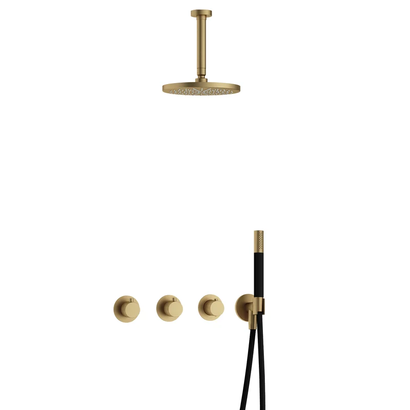 Hotbath Cobber IBS70 inbouw doucheset - staafhanddouche - 25cm hoofddouche - 15cm plafondbuis - wandhouder - Geborsteld Messing