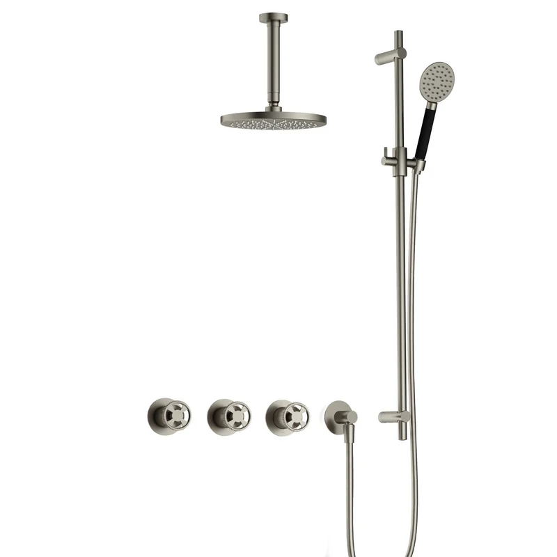 Hotbath Cobber @work IBSW70 inbouw doucheset met 2 stopkranen met ronde handdouche, plafondbuis 15 cm en glijstang - Geborsteld Nikkel