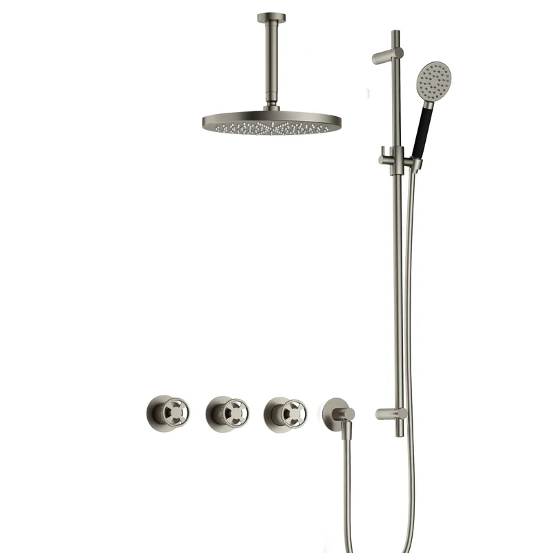 Hotbath Cobber @work IBSW70 inbouw doucheset met 2 stopkranen met ronde handdouche, plafondbuis 15 cm, m106 en glijstang - Geborsteld Nikkel
