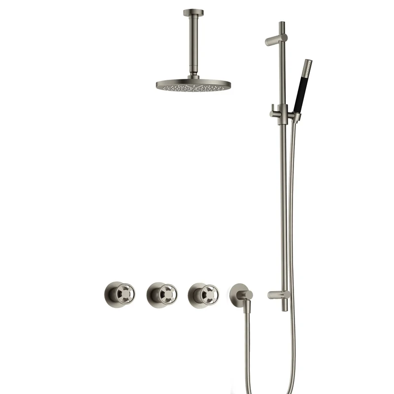 Hotbath Cobber @work IBSW70 inbouw doucheset met 2 stopkranen met plafondbuis 15 cm en glijstang - Geborsteld Nikkel