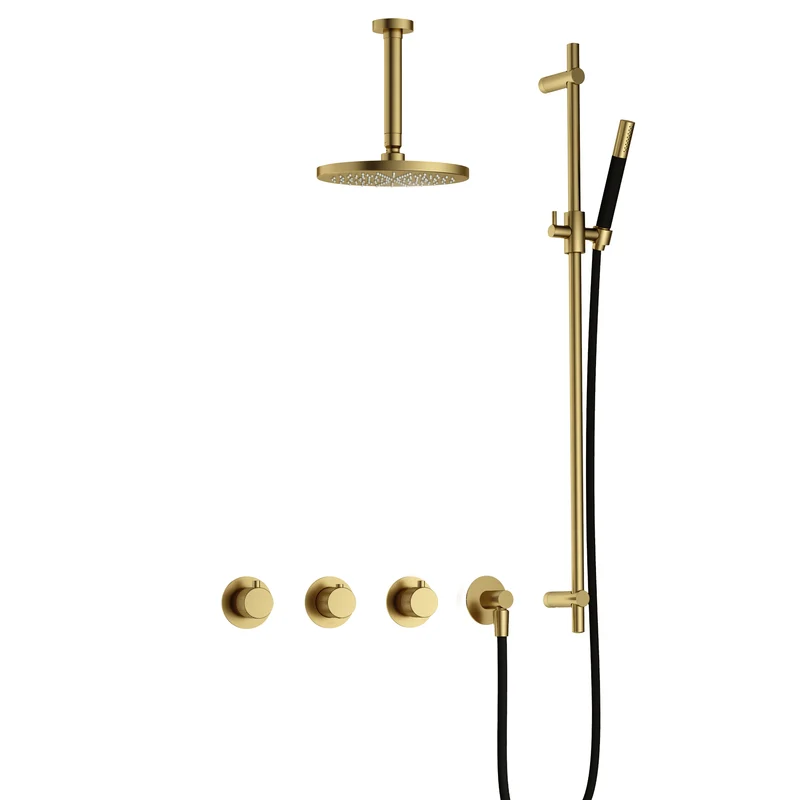 Hotbath Cobber X IBSX70 inbouw doucheset - staafhanddouche - 25cm hoofddouche - 15cm plafondbuis - glijstang - Geborsteld Messing PVD