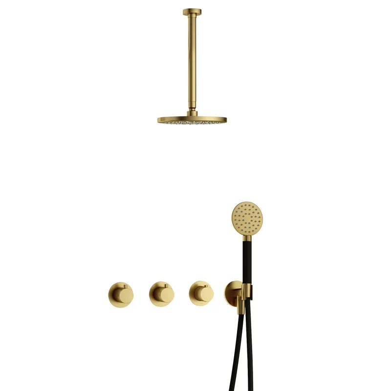 Hotbath Cobber IBS70 inbouw doucheset - ronde handdouche - 20cm hoofddouche - 30cm plafondbuis - wandhouder - Geborsteld Messing PVD