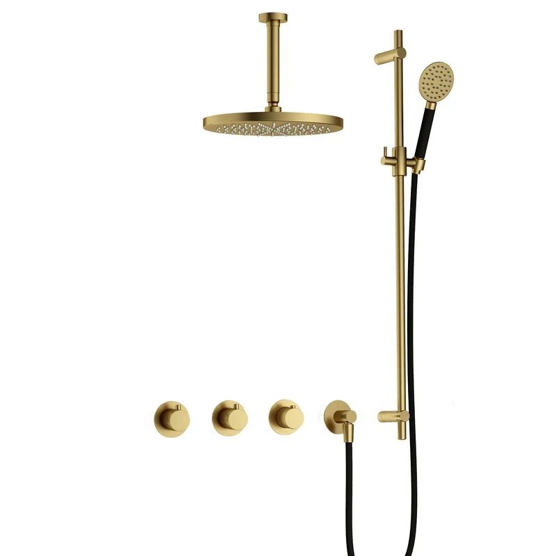Hotbath Cobber IBS70 inbouw doucheset - ronde handdouche - 30cm hoofddouche - 15cm plafondbuis - glijstang - Geborsteld Messing PVD