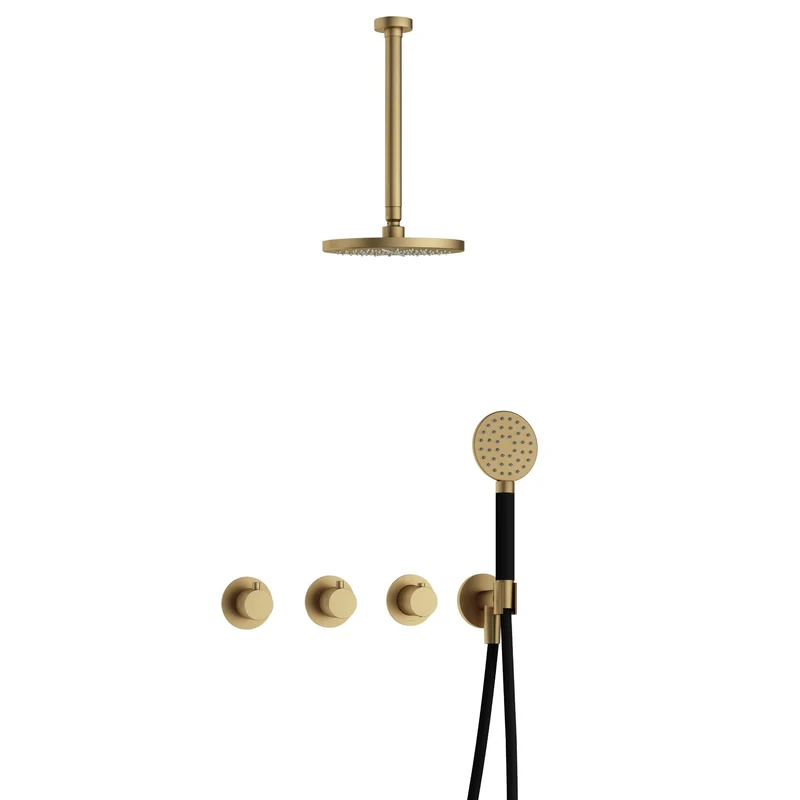 Hotbath Cobber IBS70 inbouw doucheset - ronde handdouche - 20cm hoofddouche - 30cm plafondbuis - wandhouder - Geborsteld Messing