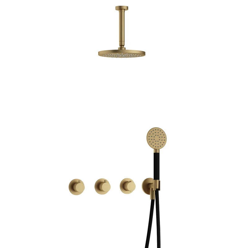 Hotbath Cobber IBS70 inbouw doucheset - ronde handdouche - 20cm hoofddouche - 15cm plafondbuis - wandhouder - Geborsteld Messing
