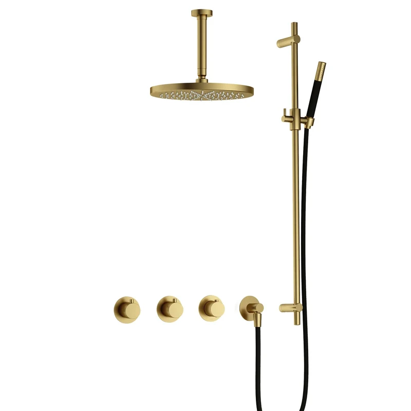 Hotbath Cobber IBS70 inbouw doucheset - staafhanddouche - 30cm hoofddouche - 15cm plafondbuis - glijstang - Geborsteld Messing PVD