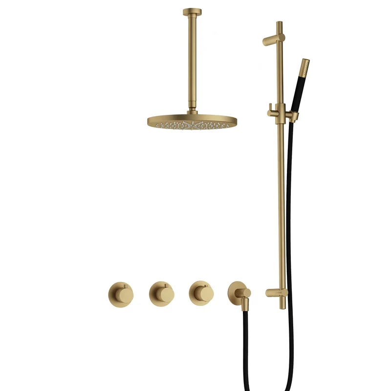 Hotbath Cobber IBS70 inbouw doucheset - staafhanddouche - 30cm hoofddouche - 30cm plafondbuis - glijstang - Geborsteld Messing