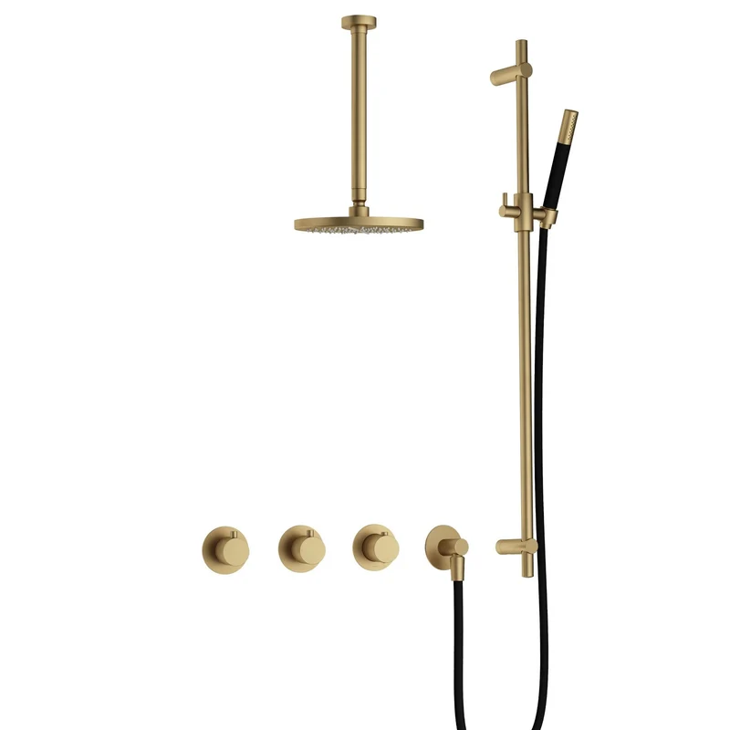 Hotbath Cobber IBS70 inbouw doucheset - staafhanddouche - 20cm hoofddouche - 30cm plafondbuis - glijstang - Geborsteld Messing