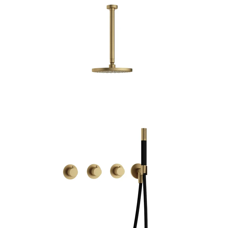 Hotbath Cobber IBS70 inbouw doucheset - staafhanddouche - 20cm hoofddouche - 30cm plafondbuis - wandhouder - Geborsteld Messing