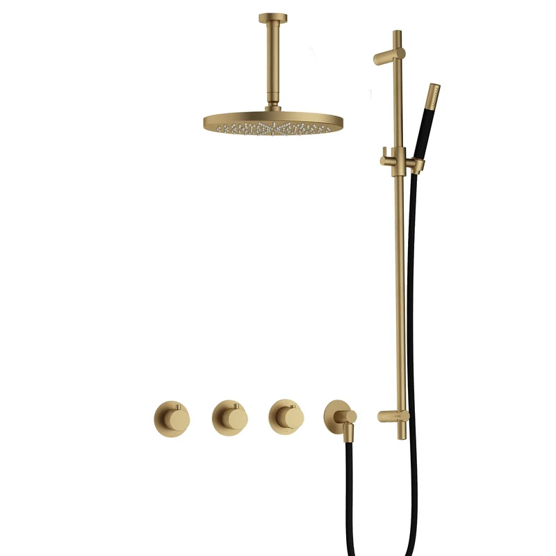 Hotbath Cobber IBS70 inbouw doucheset - staafhanddouche - 30cm hoofddouche - 15cm plafondbuis - glijstang - Geborsteld Messing
