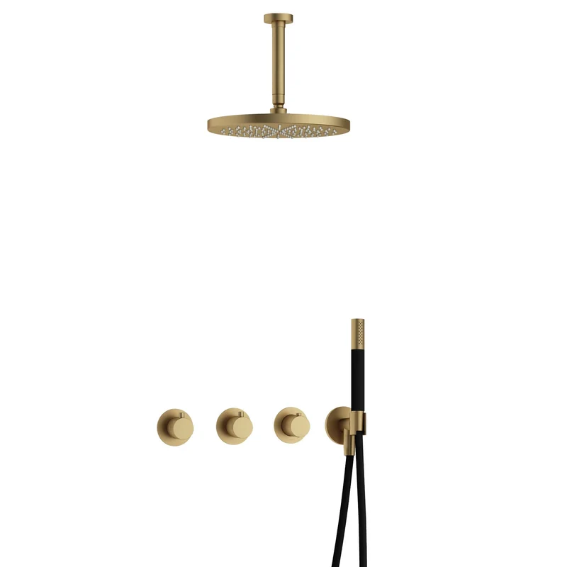 Hotbath Cobber IBS70 inbouw doucheset - staafhanddouche - 30cm hoofddouche - 15cm plafondbuis - wandhouder - Geborsteld Messing
