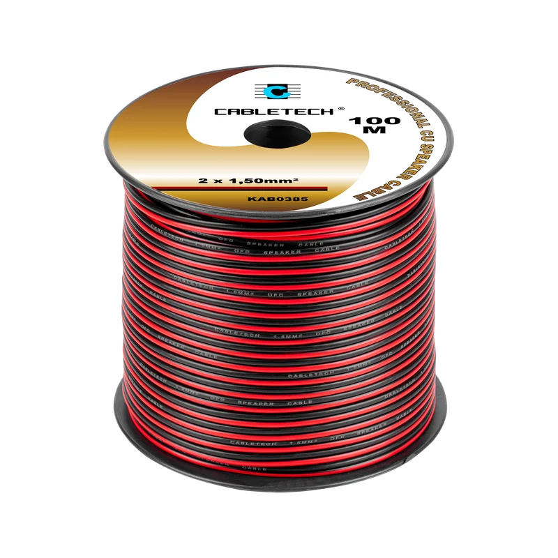 Speaker Kabel 100 Meter Haspel 2x1.5 mm² Zwart/Rood CU Koper KAB0385 – Luidsprekerkabel – Audio Kabel Rol