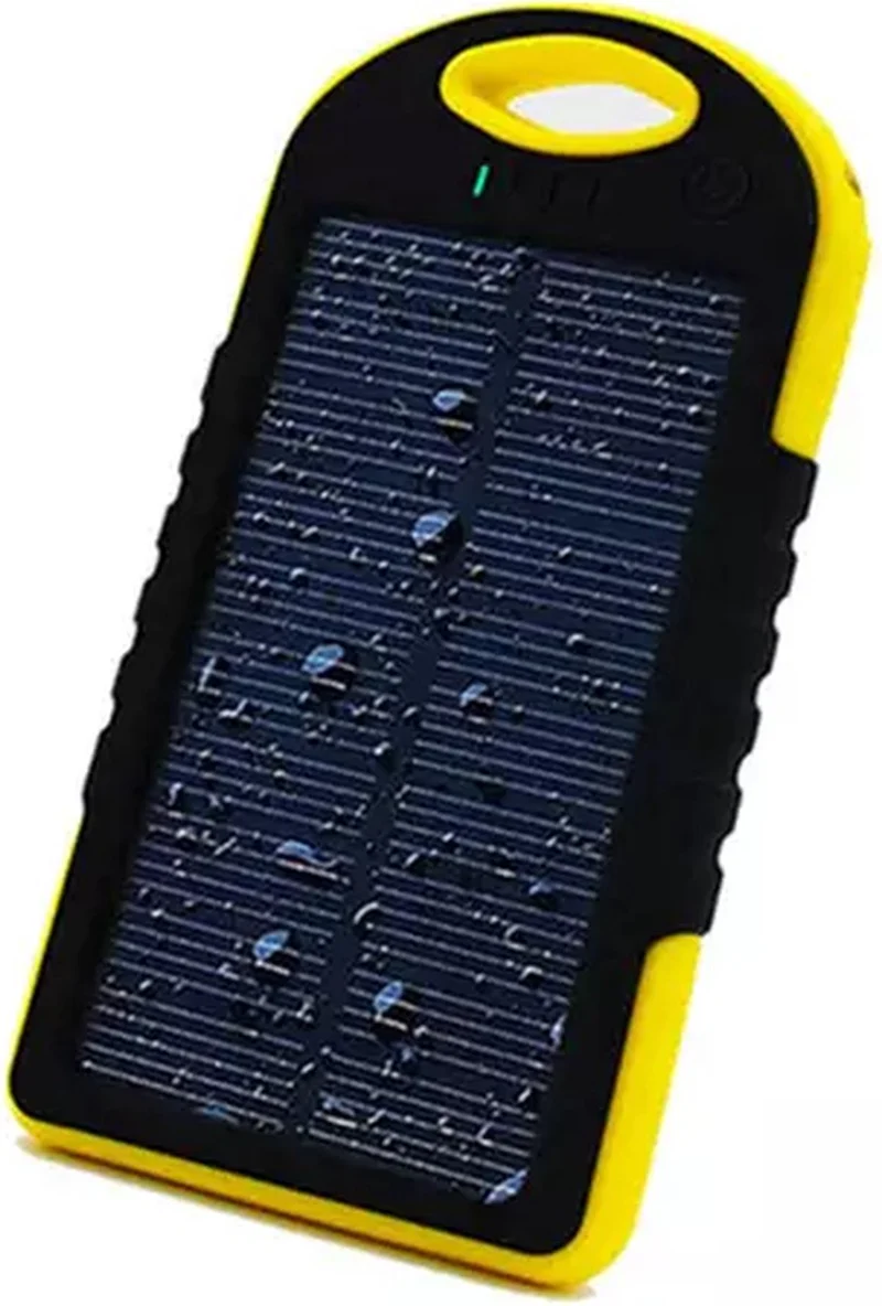 Draagbare zonnelader met dubbele USB + karabijn + zaklamp - 5000 mah - Geel