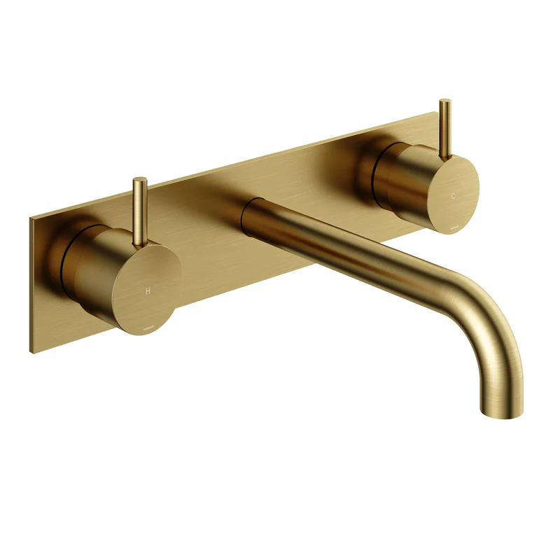 Hotbath Cobber CB006TEXT afbouwdeel wastafelkraan 3-gats met achterplaat - uitloop 18 cm - Geborsteld Messing PVD