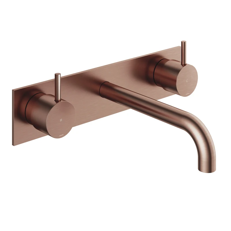 Hotbath Cobber CB006TEXT afbouwdeel wastafelkraan 3-gats met achterplaat - uitloop 18 cm - Geborsteld Koper PVD