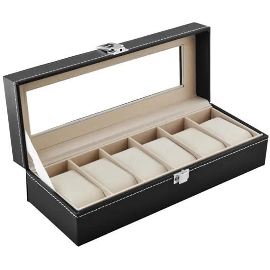 Luxe Zwarte Horlogedoos – Horloge Box met 6 Compartimenten – Acrylglas – Met 6 Kussentjes – Sieradendoos voor Horloges & Armbanden