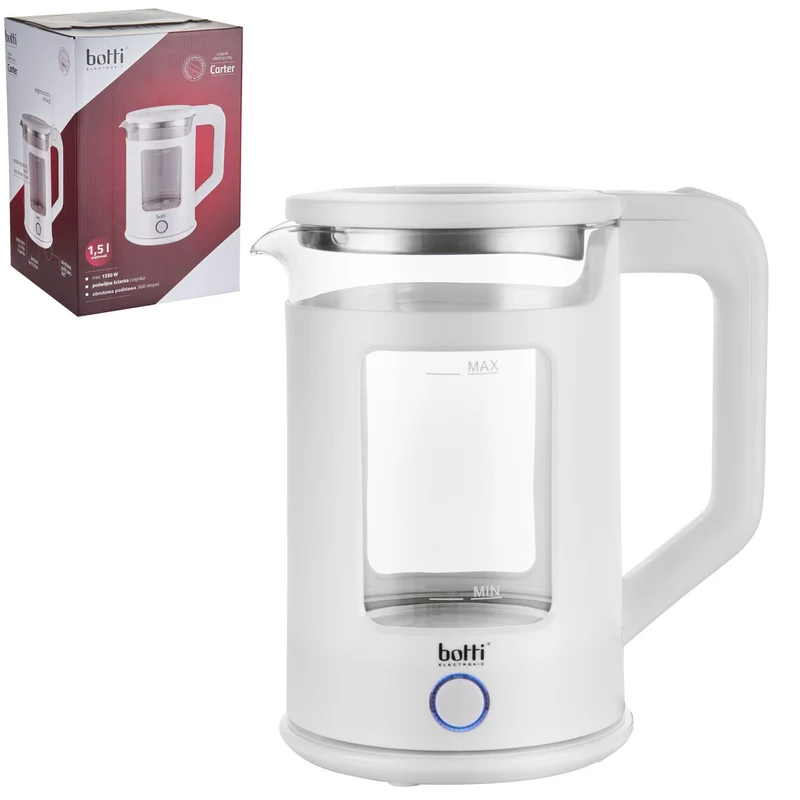 Botti Carter glazen elektrische waterkoker 1,5L – 1350W – Wit – Compacte en veilige waterkoker met LED-verlichting