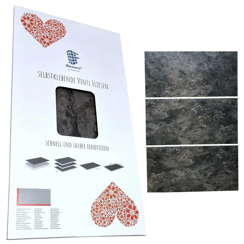 Fliesana carreaux de sol et de mur autocollants, lot de 3, imperméables, design pierre naturelle (ardoise)