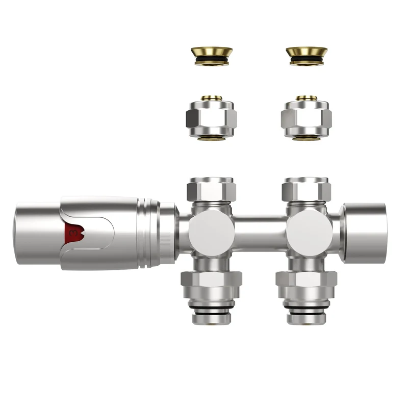 Thermostatische Radiatorkraan aansluitset 1/2" - 3/4" met thermostaatknop - muur en/of vloer bevestiging - Geborsteld RVS