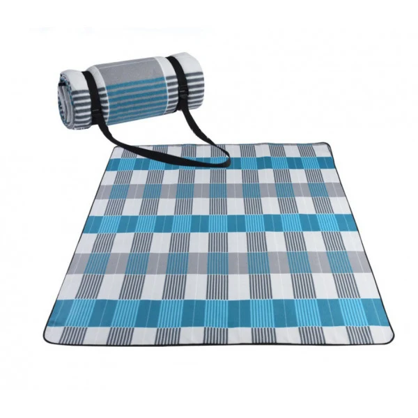 Strand/Picknickmat Rond - Blauw Grijs Wit Ruiten