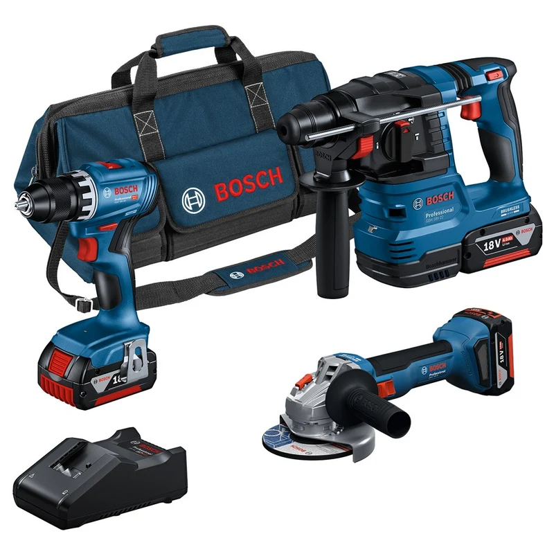 Bosch Combiset 18V-Set met 3 machines: GSR + GWS + GBH + 3x4,0Ah + GAL 18V-40 Professional (Bosch gereedschapset)