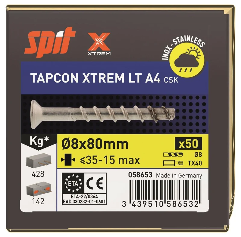 SPIT TAPCON CSK XTREM BETONSCHROEF 8X80 RVS A4 - 50 ST