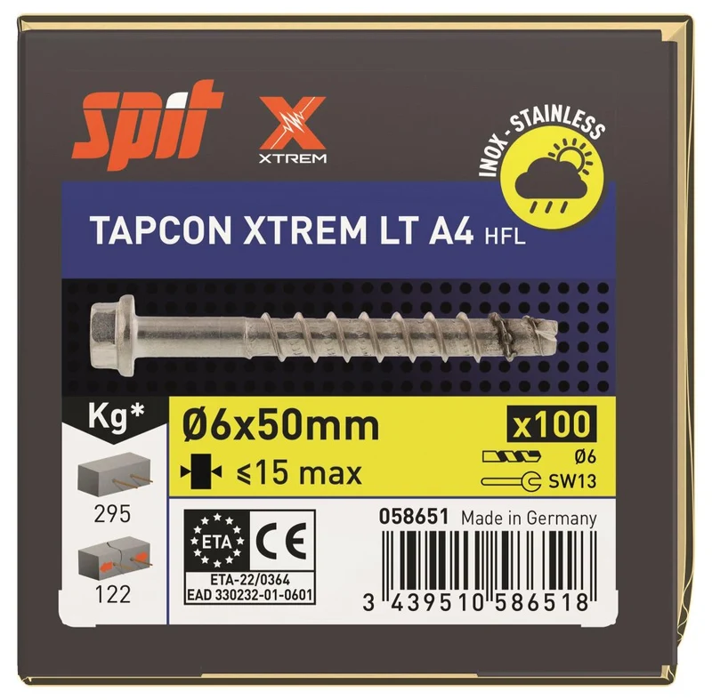 SPIT TAPCON HFL XTREM BETONSCHROEF 6X50 RVS A4 - 100 ST