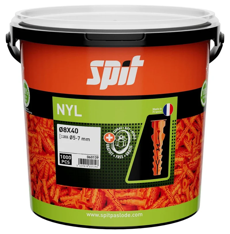 SPIT NYL PLUG D.8X40 - 1.000 STUKS IN ECO EMMER - MET KRAAG