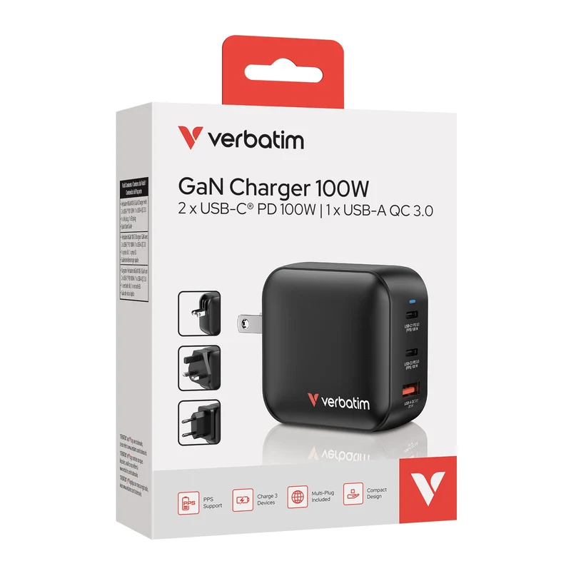 Verbatim Mini Gan Charger 100W 3Port Us/Eu/Uk Adp 32230