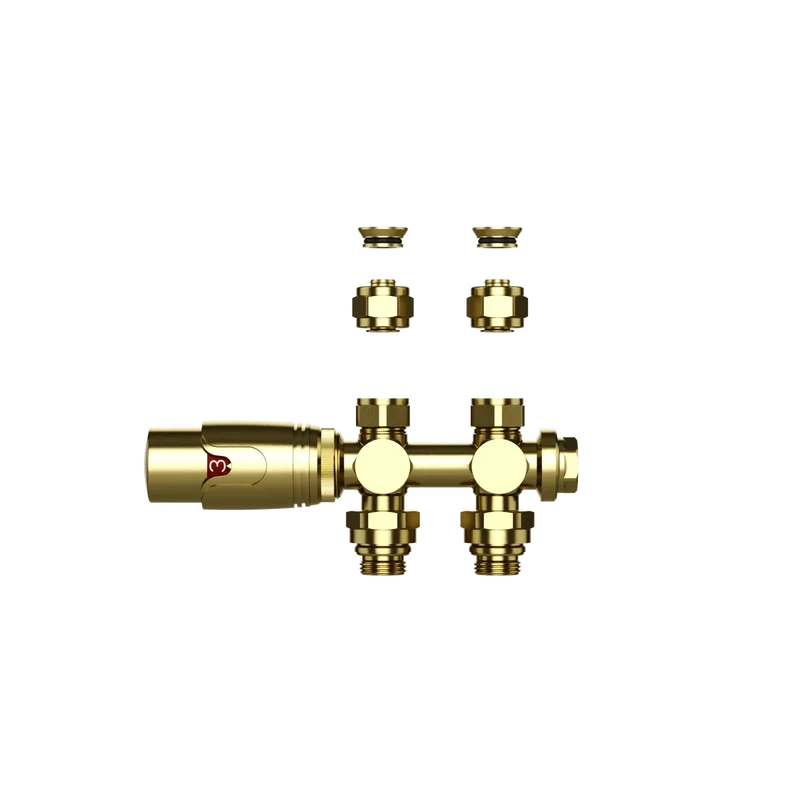 Thermostatische Radiatorkraan aansluitset 1/2" - 3/4" met thermostaatknop - muur en/of vloer bevestiging - Geborsteld Goud