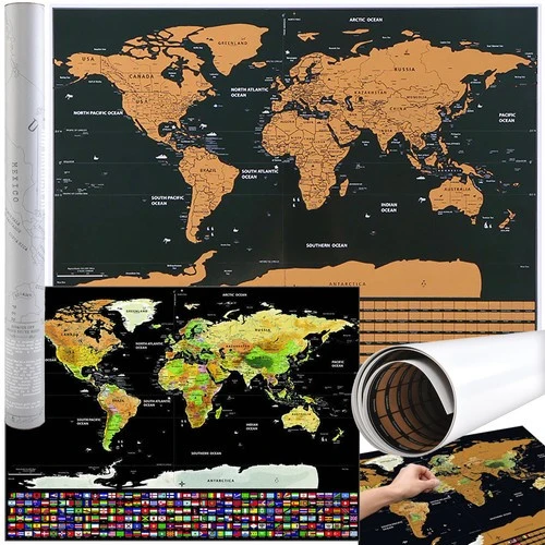Malatec Wereldkaart Kraskaart - Met Vlaggen - 82 x 59 cm